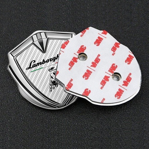 Lamborghini Selbstklebendes Metallaufkleber Emblem Silbertonfarbe mit Weiss Carbon und Italienische Flagge Logo Motiv