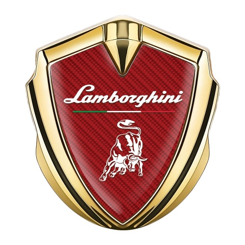 Lamborghini Emblem Logo Schriftzug Aufkleber Goldtonfarbe mit Rote Carbon und Italienische Flagge Logo Motiv