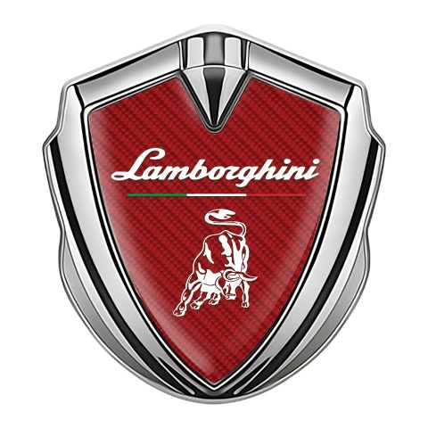 Lamborghini Emblem Logo Schriftzug Aufkleber Silbertonfarbe mit Rote Carbon und Italienische Flagge Logo Motiv