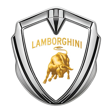 Lamborghini Emblem Abzeichen selbstklebend Silbertonfarbe Weiss Hintergrund und Gold Design Logo