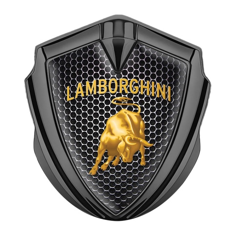 Lamborghini Emblem Logo Schriftzug Aufkleber Graphit Tonfarbe Perforierter Stahl Hintergrund und Gold Logo design