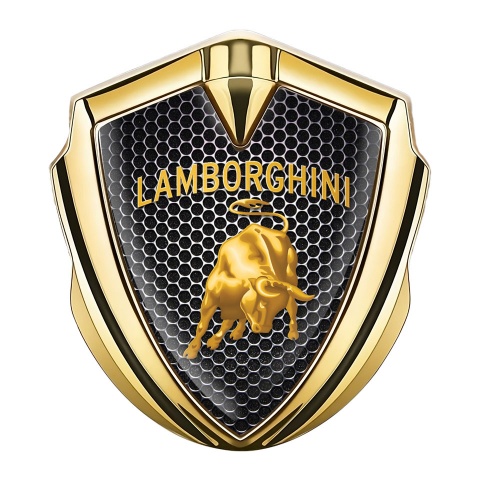 Lamborghini Emblem Logo Schriftzug Aufkleber Goldtonfarbe Perforierter Stahl Hintergrund und Gold Logo design