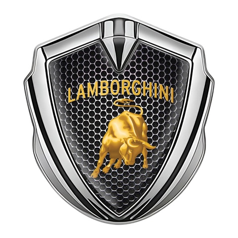 Lamborghini Emblem Logo Schriftzug Aufkleber Silbertonfarbe Perforierter Stahl Hintergrund und Gold Logo design