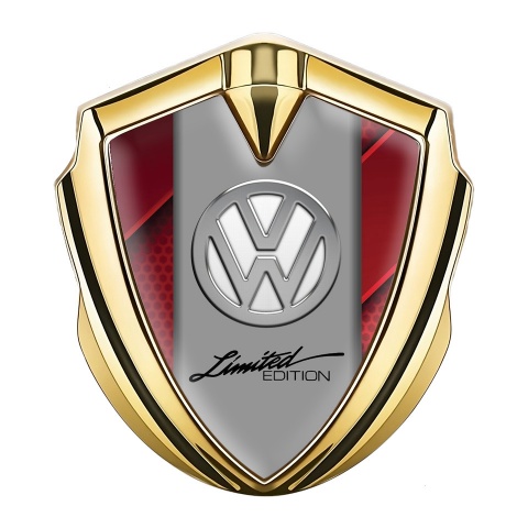 VW Seitenflugel Emblem Aufkleber Goldtonfarbe mit 3D Rot Fundaments und Chrom Logo