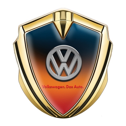 VW Abzeichen selbstklebend Goldtonfarbe mit Schillerndes Orangeblau Basis und Logo Das Auto