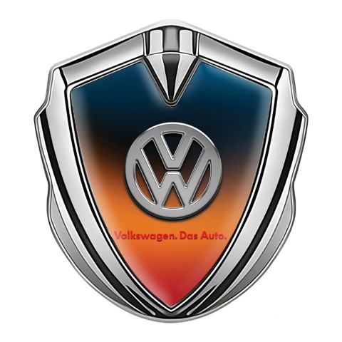 VW Abzeichen selbstklebend Silbertonfarbe mit Schillerndes Orangeblau Basis und Logo Das Auto