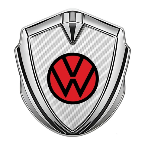 VW Emblem Logo Schriftzug Aufkleber mit Silbertonfarbe Weiss Carbon Basis Und Rot Logo