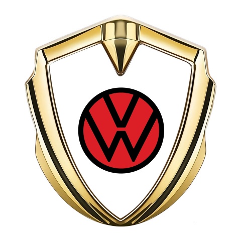 VW Emblem Logo Schriftzug Aufkleber mit Goldtonfarbe Weiss Basis und Rot Logo Stil