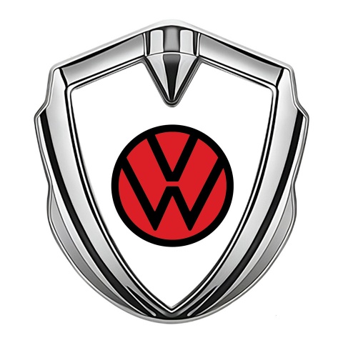 VW Emblem Logo Schriftzug Aufkleber mit Silbertonfarbe Weiss Basis und Rot Logo Stil