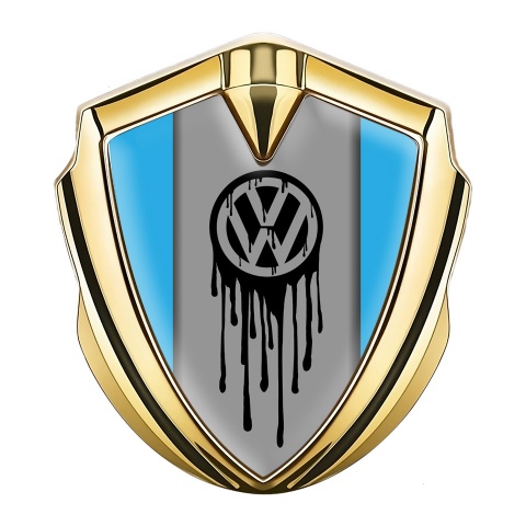 VW Seitenflugel Emblem Aufkleber Goldtonfarbe mit Blau Vorlage und Tropfende Farbe Logo Design