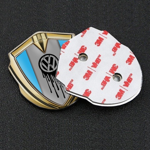 VW Seitenflugel Emblem Aufkleber Goldtonfarbe mit Blau Vorlage und Tropfende Farbe Logo Design