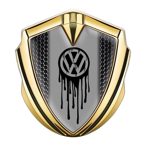 VW Selbstklebendes Metallaufkleber Emblem Goldtonfarbe mit Perforierter Stahl Basis Tropfende Farbe Logo Design