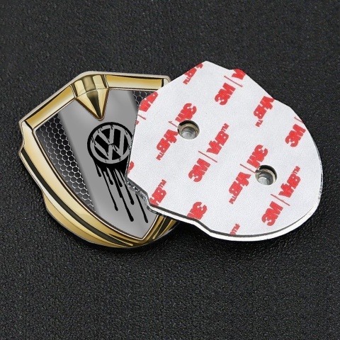 VW Selbstklebendes Metallaufkleber Emblem Goldtonfarbe mit Perforierter Stahl Basis Tropfende Farbe Logo Design
