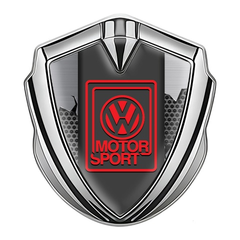 VW Emblem Auto Zeichen Silbertonfarbe mit Gebrochener Stahl Hintergrund Design Und Rot Motor Sport logo