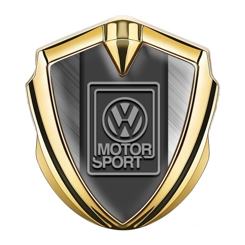 VW Emblem Abzeichen selbstklebend Goldtonfarbe mit Gebürsteter Stahl Fundaments und Grau Motorsport Logo