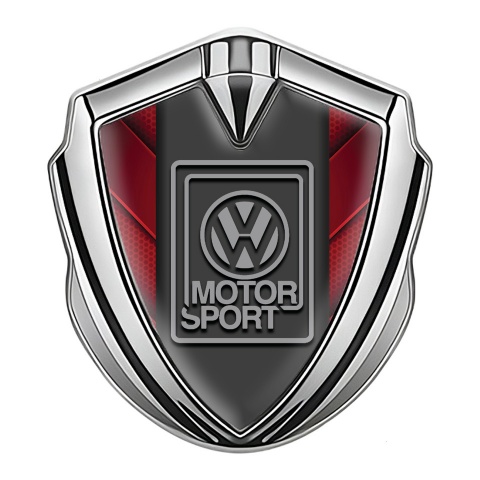 VW Emblem Abzeichen Silbertonfarbe mit Rote Tafeln Basis Design und Grau Motorsport Logo