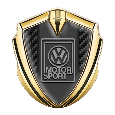 VW Abzeichen selbstklebend Goldtonfarbe mit Schwarz Kohlenstoff Basis und Grau motorsport Logo