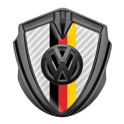 VW Emblem Auto Zeichen Graphit Tonfarbe mit Weiss Kohlenstoff Basis und 3D Logo Deutsche Trikolore