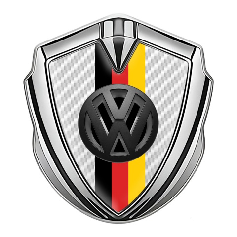 VW Emblem Auto Zeichen Silbertonfarbe mit Weiss Kohlenstoff Basis und 3D Logo Deutsche Trikolore