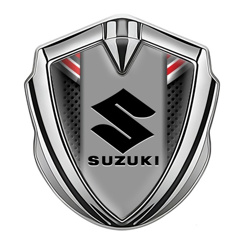 Suzuki Emblem Abzeichen selbstklebend Silbertonfarbe Perforierter Metall mit Rote Element