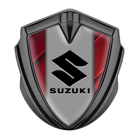 Suzuki Emblem Logo Schriftzug Aufkleber Graphit Tonfarbe Rote Detsils Fundament und Grau Logo Panel