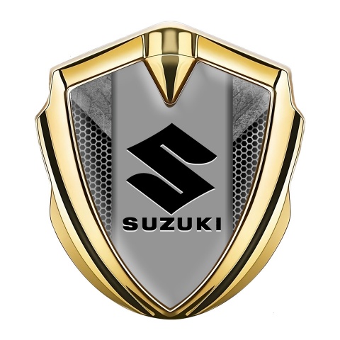 Suzuki Seitenflugel Emblem Aufkleber Goldtonfarbe Gittersockel mit zerkratztem Stein Design