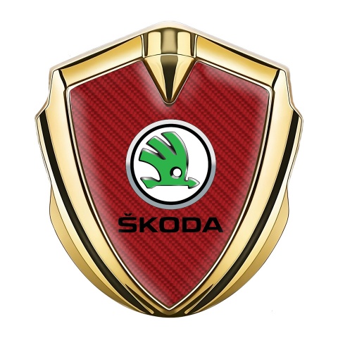 Skoda Emblem Abzeichen Goldtonfarbe mit Rote Kohlenstoff und Grun Logo