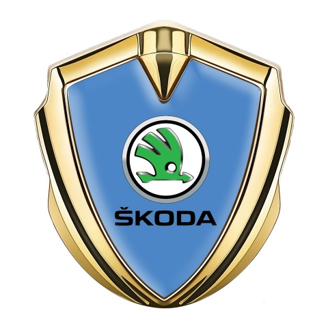 Skoda Emblem Auto Zeichen Goldtonfarbe mit Blau Basis und Grunes Metallic Logo