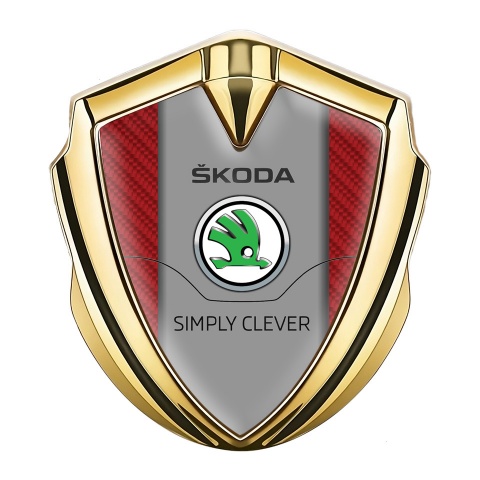 Skoda Selbstklebendes Metallaufkleber Emblem Goldtonfarbe mit Rote Carbon und Klassisch Logo