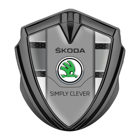 Skoda Emblem Auto Zeichen Graphit Tonfarbe mit Metallelemente Effekt und Grau Logo Panel