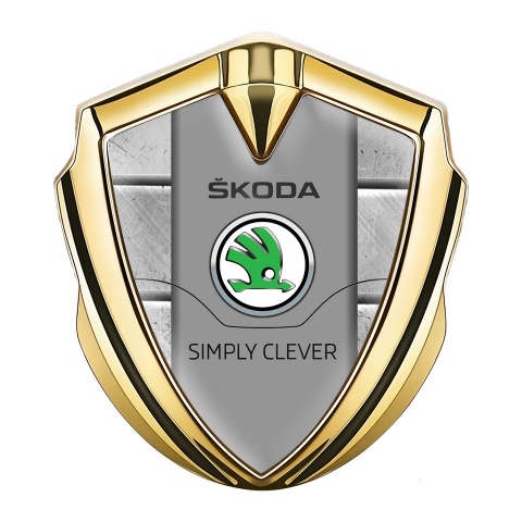 Skoda Emblem Aufkleber Autozubehor Goldtonfarbe mit Steinstruktur Effekt und Grau Logo Panel