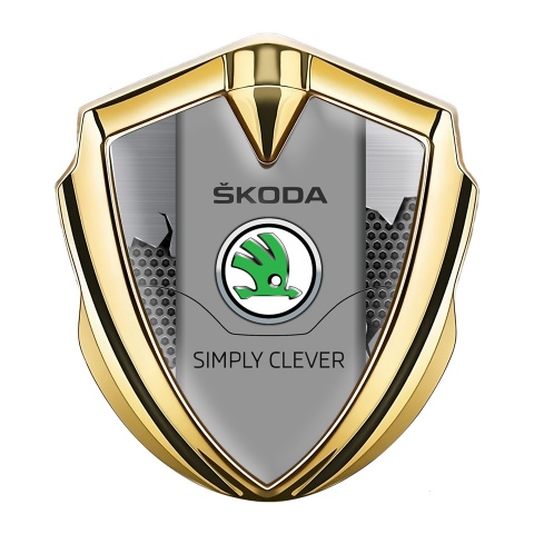 Skoda Selbstklebendes Metallaufkleber Emblem Goldtonfarbe mit Gebrochener Stahl Effekt