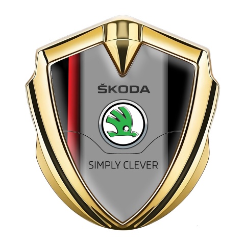 Skoda Seitenflugel Emblem Aufkleber Goldtonfarbe mit Rote Linie Basis und Grau logo Panel