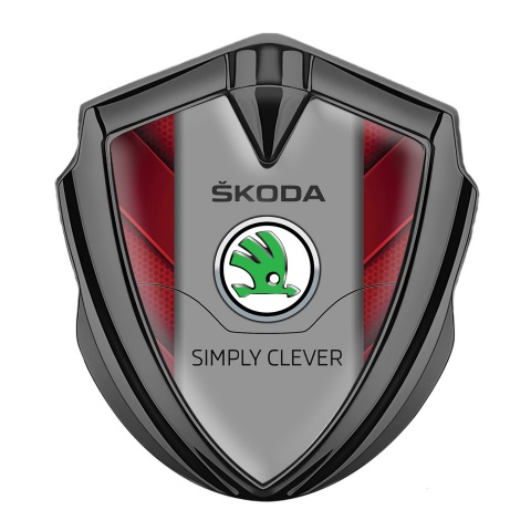 Skoda Emblem Abzeichen selbstklebend Graphit Tonfarbe mit Rote V Form elements und Grau Logo Panel