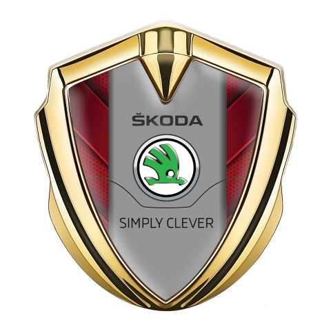 Skoda Emblem Abzeichen selbstklebend Goldtonfarbe mit Rote V Form elements und Grau Logo Panel