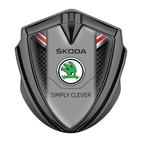 Skoda Selbstklebendes Metallaufkleber Emblem Graphit Tonfarbe Dunkles Gitter mit Rote Hintergrund  elements