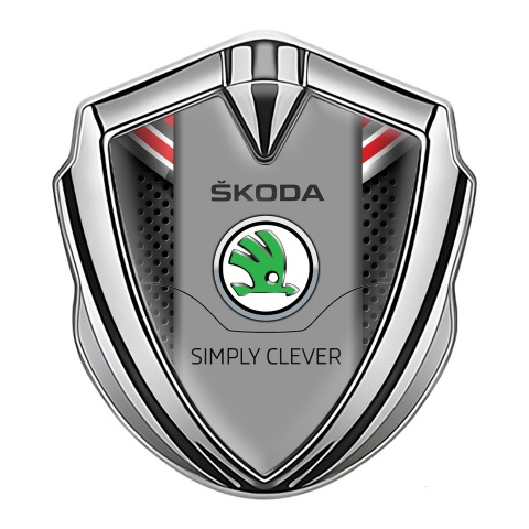 Skoda Selbstklebendes Metallaufkleber Emblem Silbertonfarbe Dunkles Gitter mit Rote Hintergrund elements