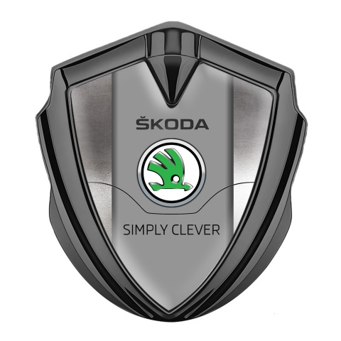 Skoda Seitenflugel Emblem Aufkleber Graphit Tonfarbe mit Polierter Stahl Hintergrund