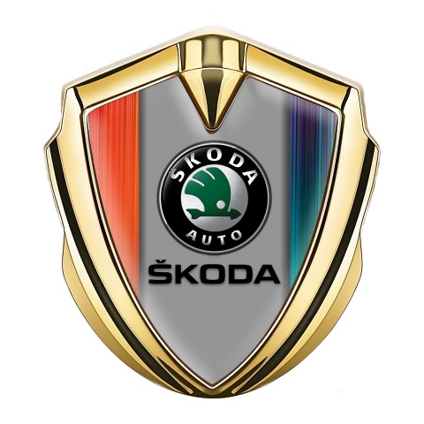 Skoda Emblem Logo Schriftzug Aufkleber Goldtonfarbe mit Mehrfarbige Halften des Hintergrunds