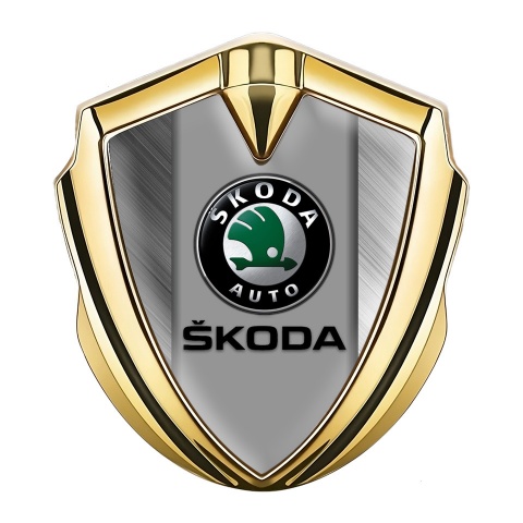 Skoda Seitenflugel Emblem Aufkleber Goldtonfarbe mit Mattiertes Aluminium Basis Effekt