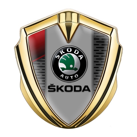 Skoda Emblem Aufkleber Autozubehor Goldtonfarbe Grau Rote Elemente Basis und Schwarz Logo