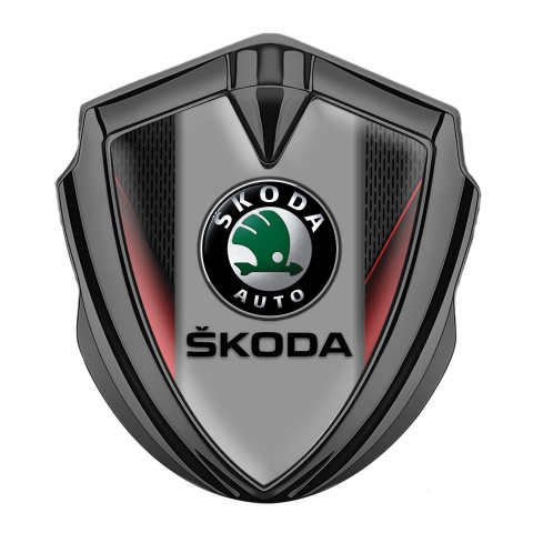 Skoda Selbstklebendes Metallaufkleber Emblem Graphit Tonfarbe mit Rote Flugel Effekt