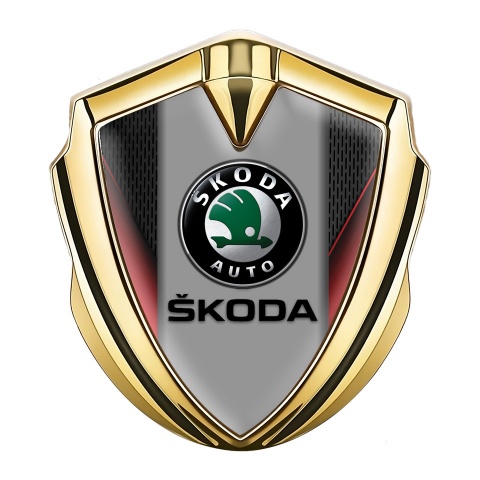 Skoda Selbstklebendes Metallaufkleber Emblem Goldtonfarbe mit Rote Flugel Effekt
