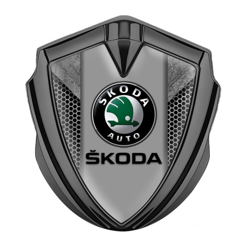 Skoda Emblem Logo Schriftzug Aufkleber Graphit Tonfarbe mit Doppelte Textur Basis und Schwarz Logo