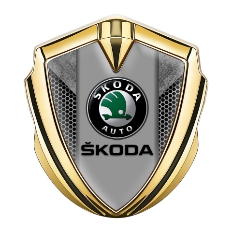 Skoda Emblem Logo Schriftzug Aufkleber Goldtonfarbe mit Doppelte Textur Basis und Schwarz Logo
