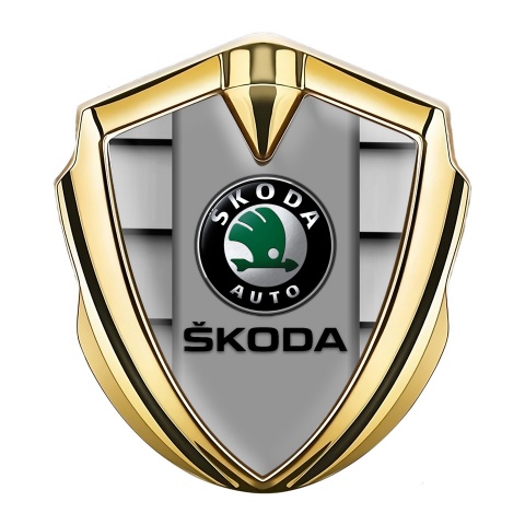 Skoda Emblem Abzeichen Goldtonfarbe mit Gittereffekt und Grau Logo Panel