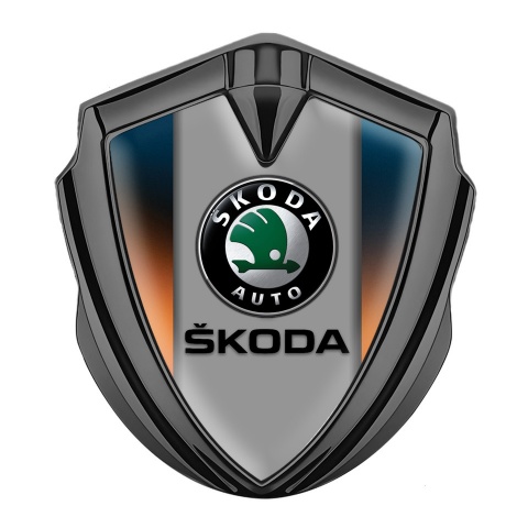 Skoda Emblem Aufkleber Autozubehor Graphit Tonfarbe mit Schillerndes Orangeblau Basis und Grau Logo Panel