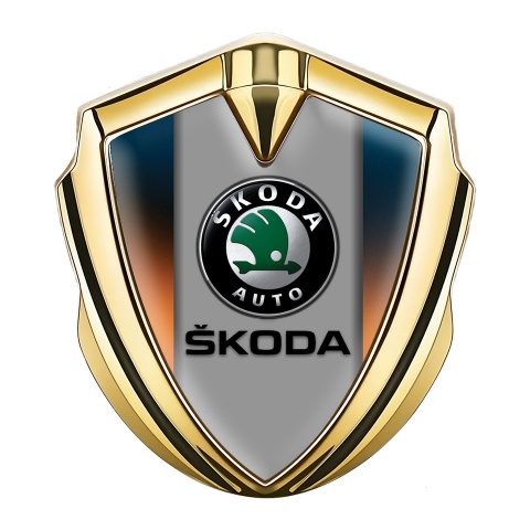 Skoda Emblem Aufkleber Autozubehor Goldtonfarbe mit Schillerndes Orangeblau Basis und Grau Logo Panel