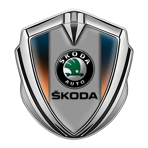 Skoda Emblem Aufkleber Autozubehor Silbertonfarbe mit Schillerndes Orangeblau Basis und Grau Logo Panel