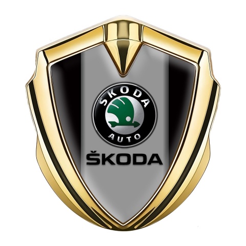Skoda Selbstklebendes Metallaufkleber Emblem Goldtonfarbe Schwarz Basis und Grau Logo Panel
